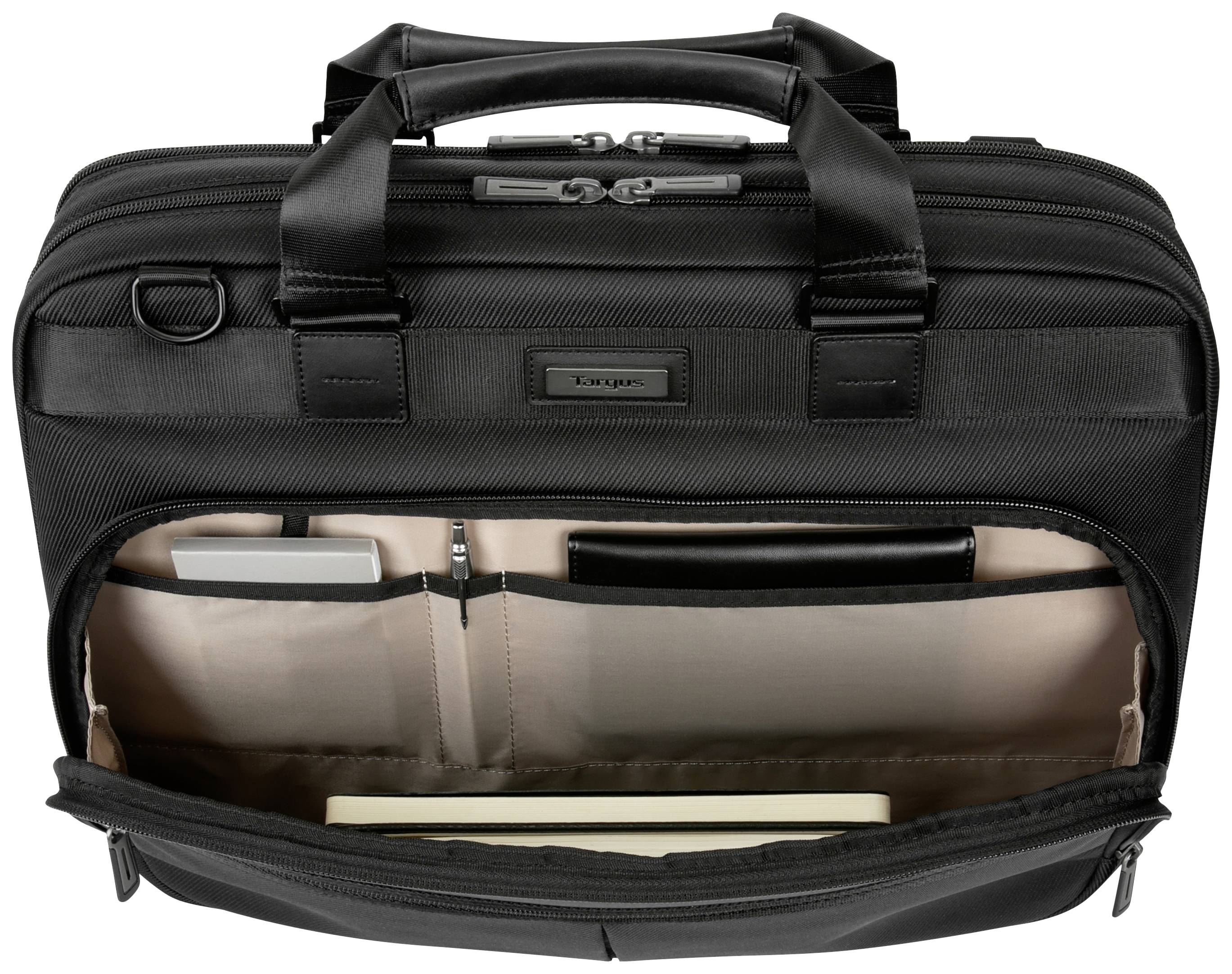 Czarna torba na laptopa z otwartym zamkiem błyskawicznym. Widoczne wnętrze z wieloma kieszenkami, w tym laptop, tablet i notes.