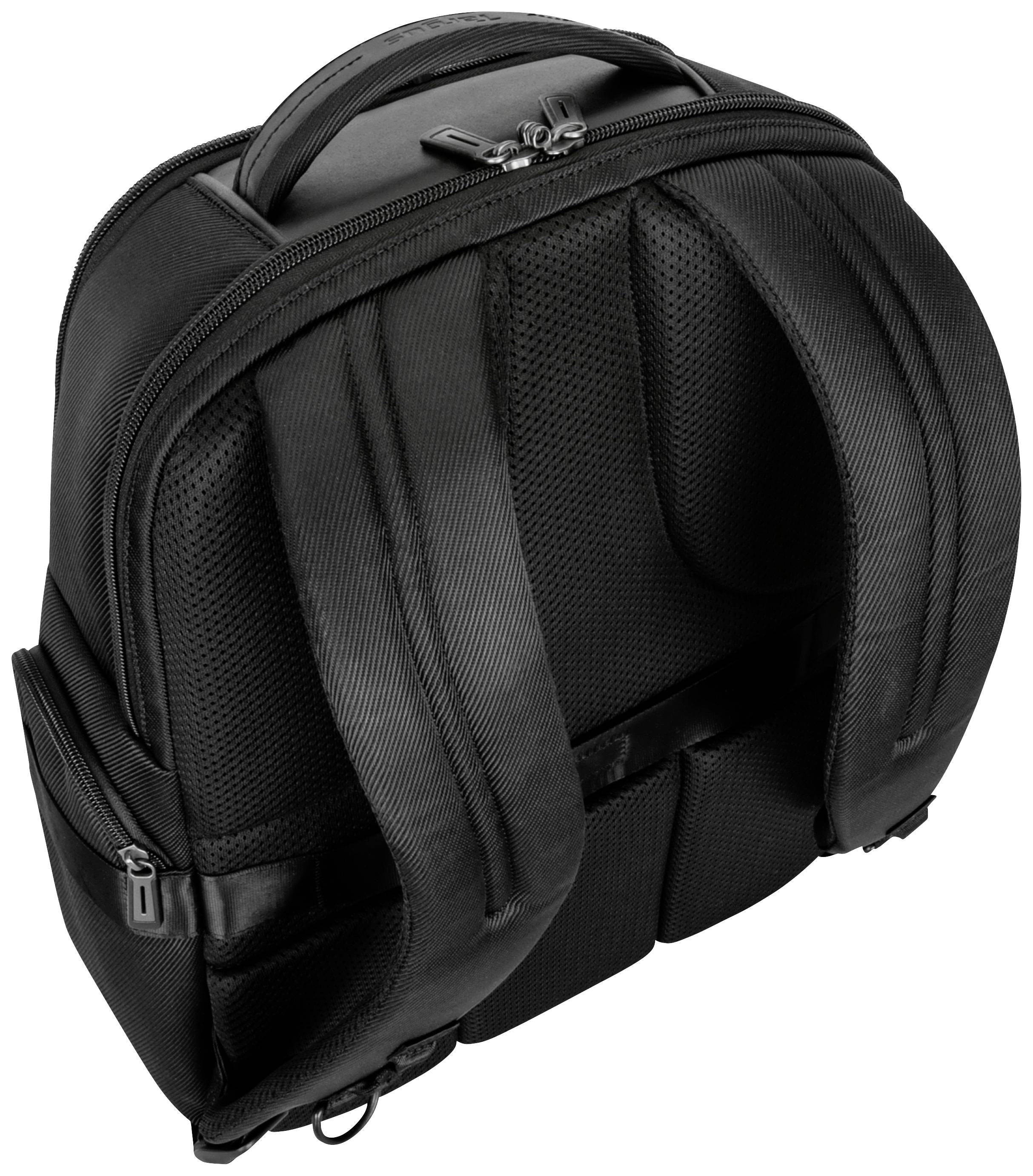 Czarny plecak z wyściełanymi paskami na ramiona i wieloma zamkami błyskawicznymi, widziany od tyłu.