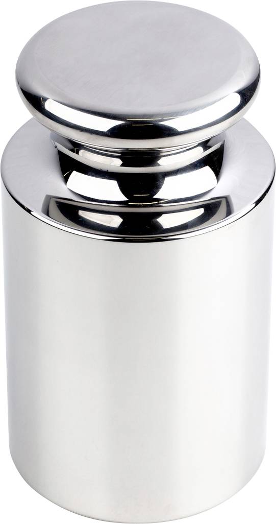 Błyszczący, cylindryczny odważnik metalowy używany do kalibracji wag.