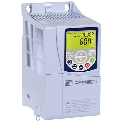 Falownik z cyfrowym wyświetlaczem wskazuje '60,00 Hz'. Widoczne są przyciski sterujące i elementy wyświetlacza. Oznaczenie modelu: CFW500.