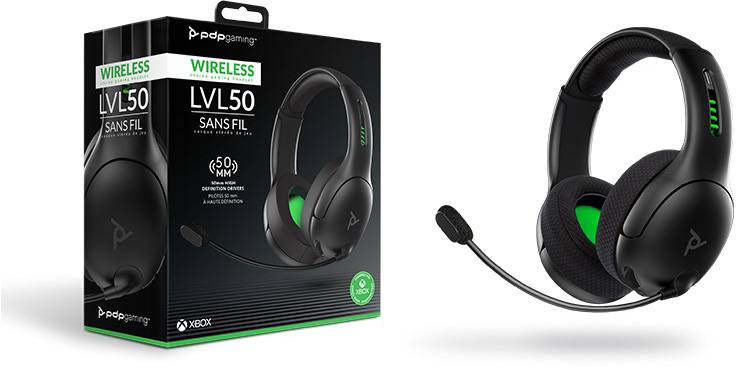 Słuchawki bezprzewodowe PDP Gaming LVL50 w kolorze czarnym i zielonym z mikrofonem, przedstawione obok opakowania.