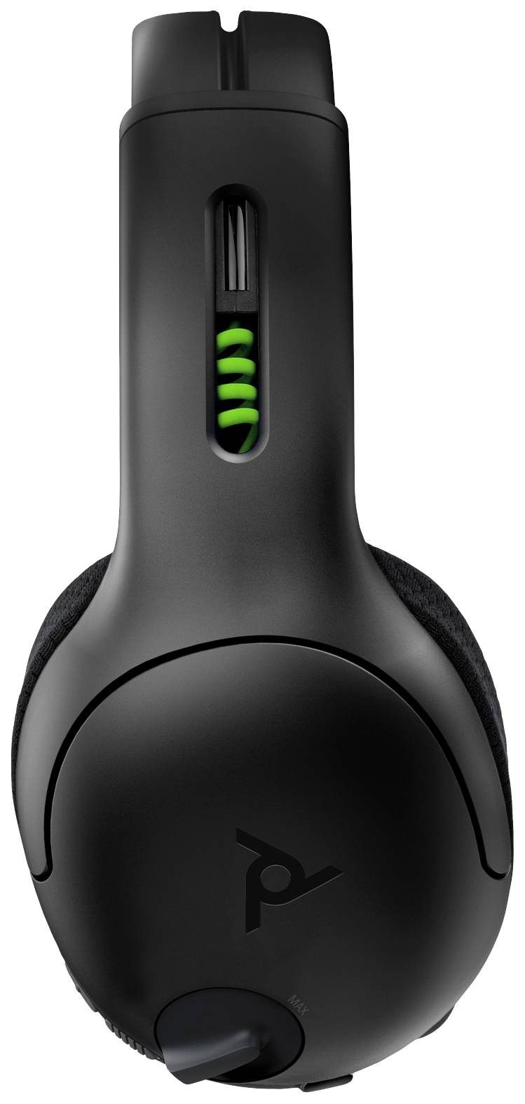Słuchawki w kolorze czarnym, widziane z boku. Widoczny regulowany pałąk z zielonym wnętrzem.