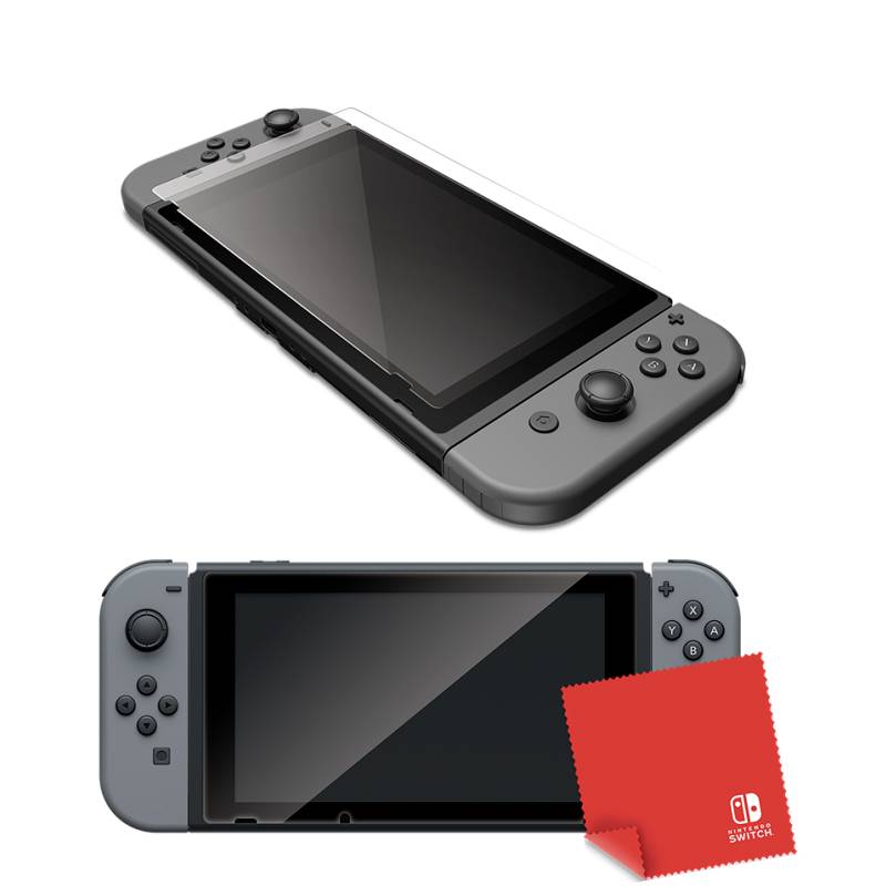 Dwa szare kontrolery Joy-Con i ekran Nintendo Switch z nałożoną folią ochronną. Na dole leży czerwona ściereczka z mikrofibry.