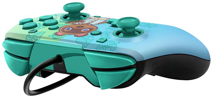 Turkusowy kontroler do gier z motywem małpy na górnej części i zielonymi elementami sterującymi.