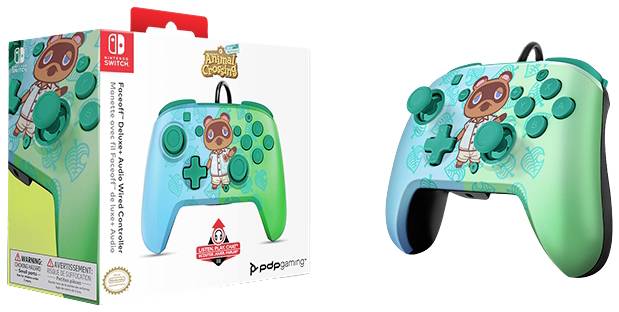 Bezprzewodowy kontroler Nintendo Switch w kolorze niebieskim z motywem Animal Crossing i prezentacją postaci na opakowaniu.