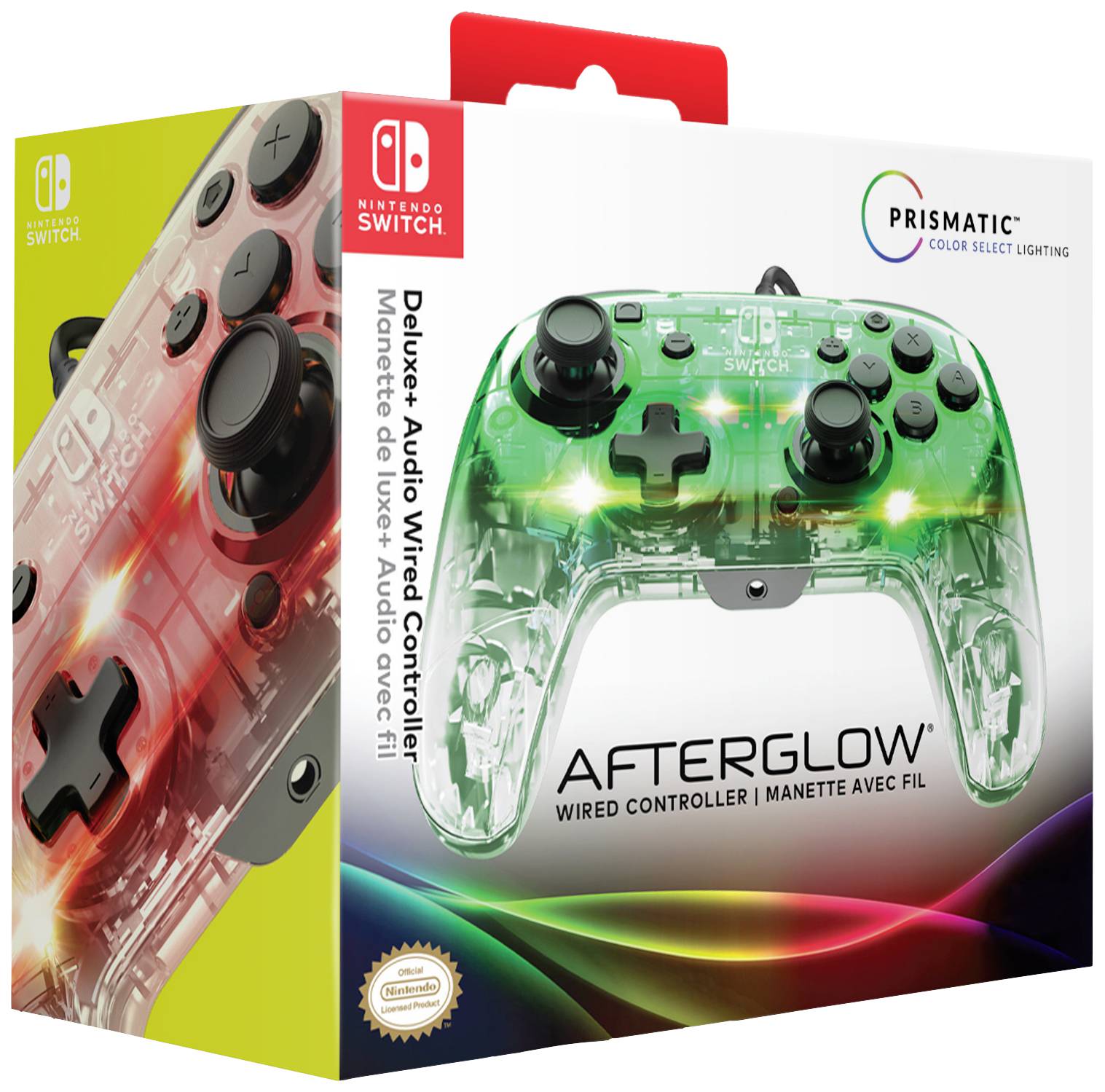 Kontroler przewodowy 'Afterglow' do Nintendo Switch z przezroczystą, wielokolorową technologią podświetlenia.