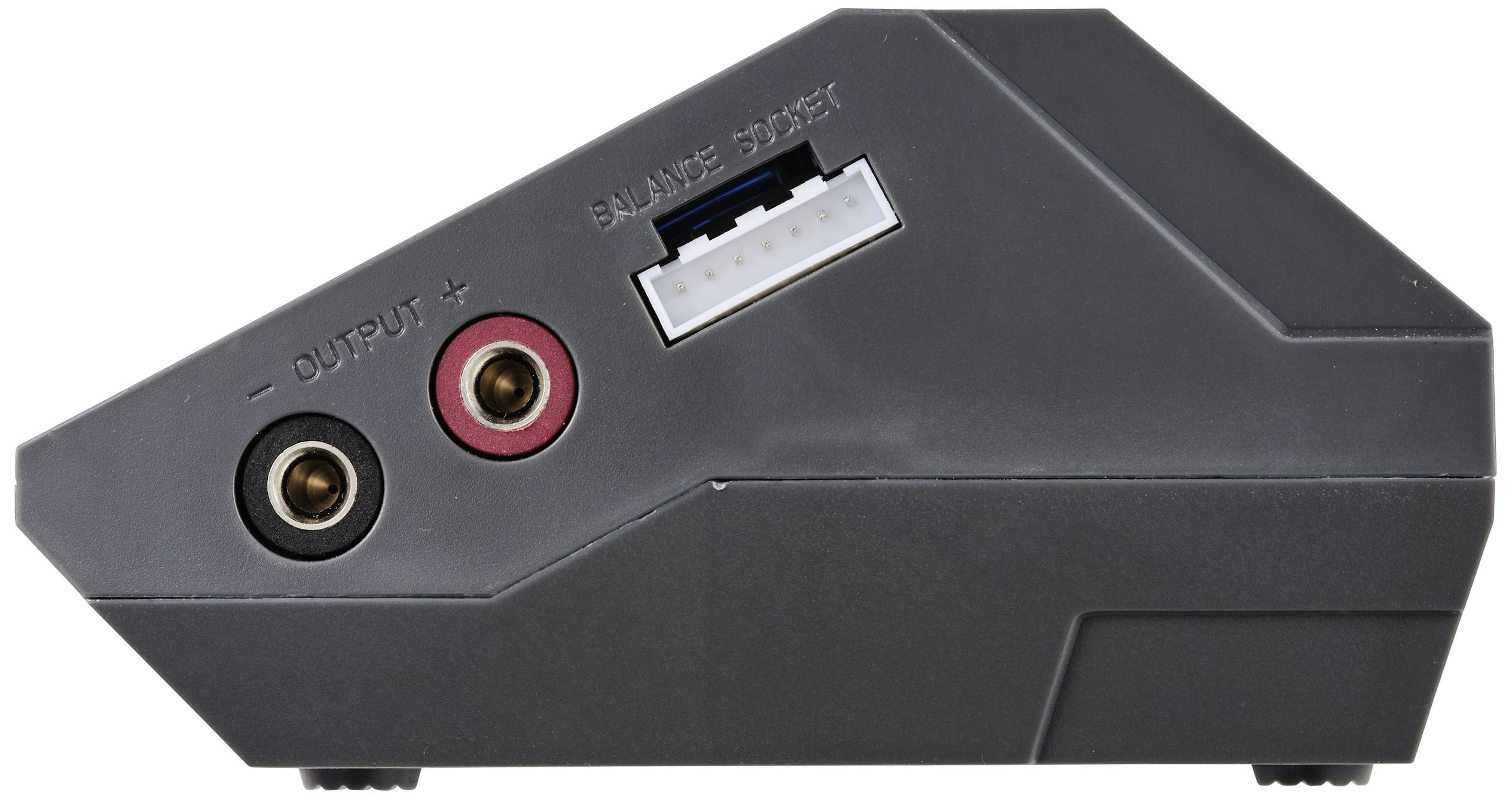 Obraz przedstawia widok z boku interfejsu audio z wyjściem i portem balansu, oznaczony odpowiednimi etykietami.