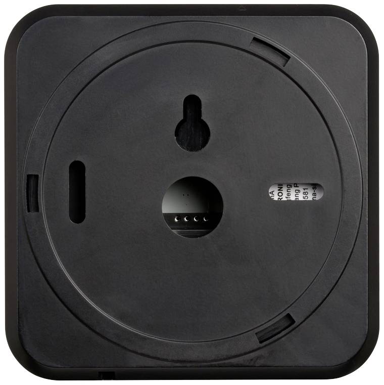 Okrągła czarna podstawa ścienna z otworami montażowymi i centralnym otworem, przeznaczona do instalacji urządzenia elektronicznego.