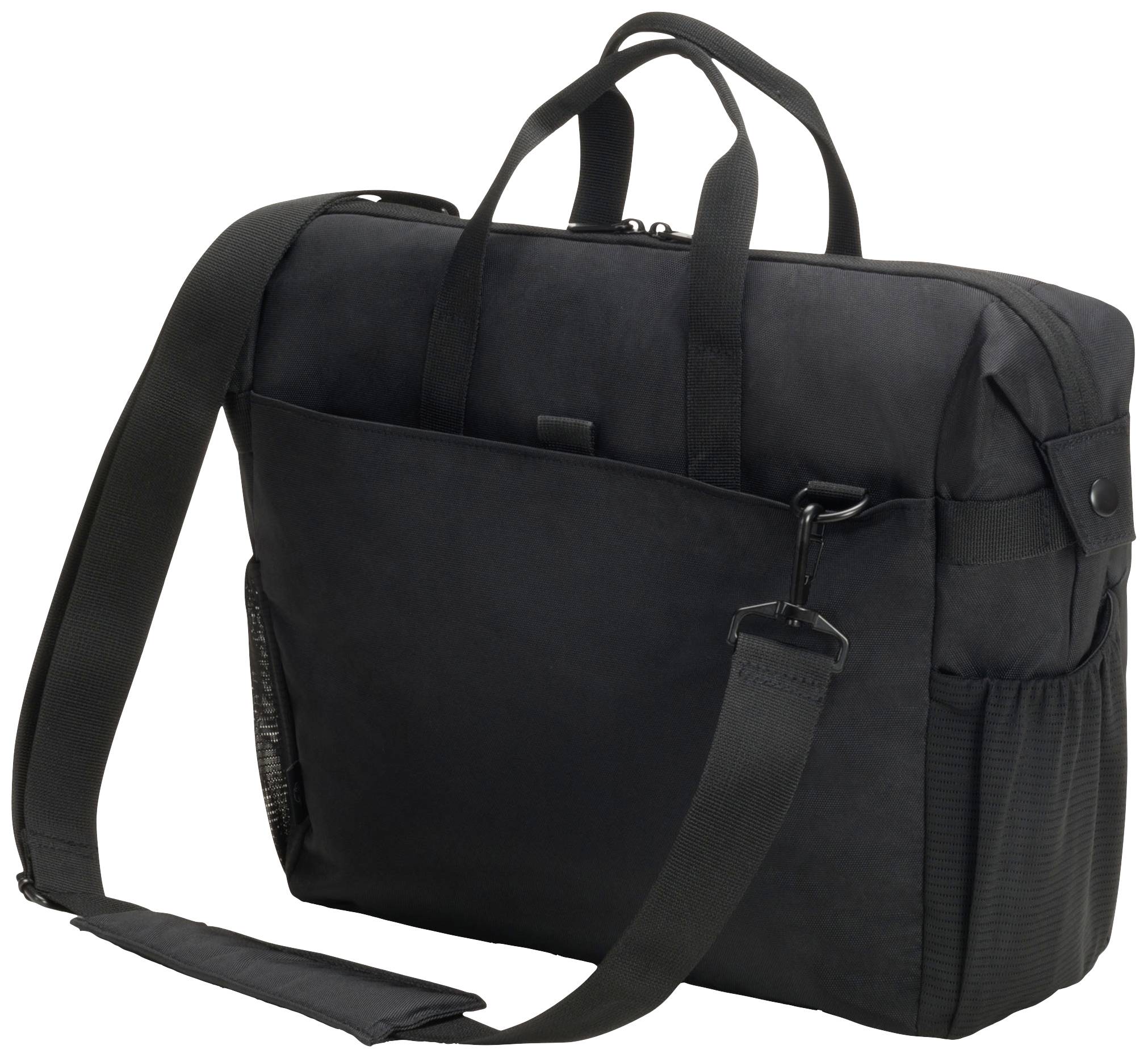 Czarna teczka z paskiem na ramię i uchwytami, duża główna komora, mała kieszeń boczna oraz kieszeń przednia.