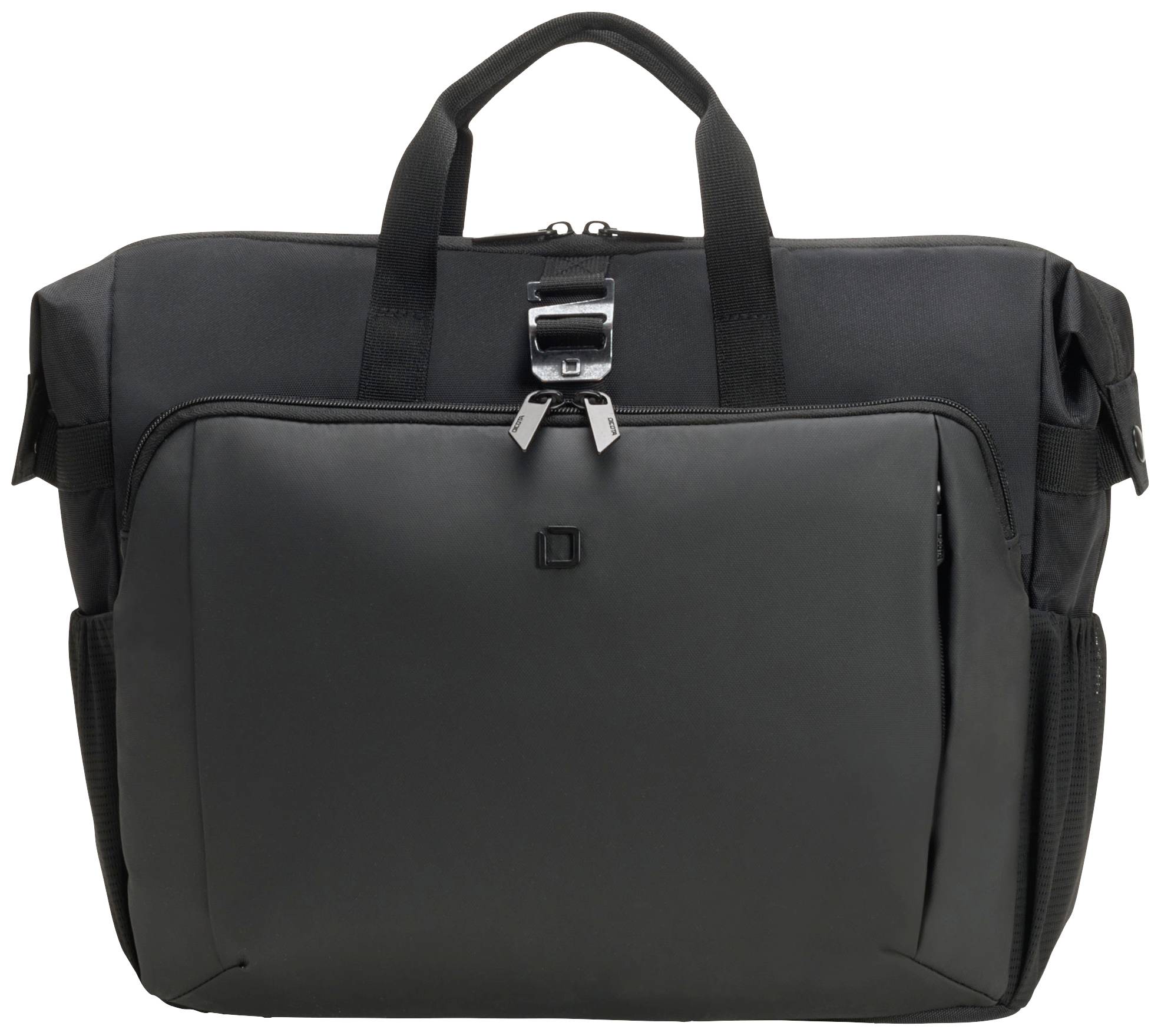 Czarna, prostokątna torba z przednim schowkiem, zamkami błyskawicznymi i uchwytami do noszenia.