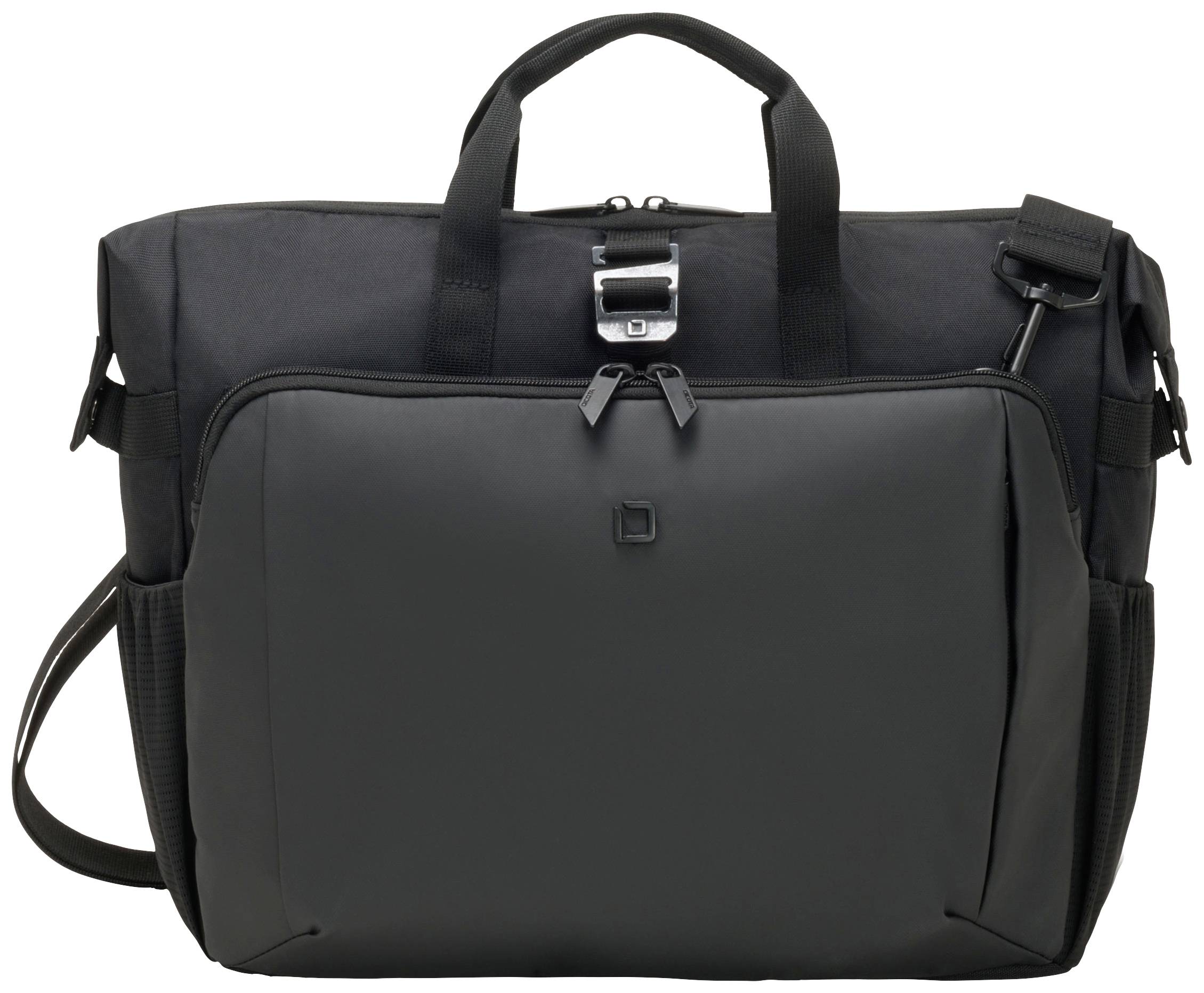 Czarna torba na laptopa z wieloma kieszenями i regulowanym paskiem na ramię, odpowiednia do przewożenia elektroniki i akcesoriów.