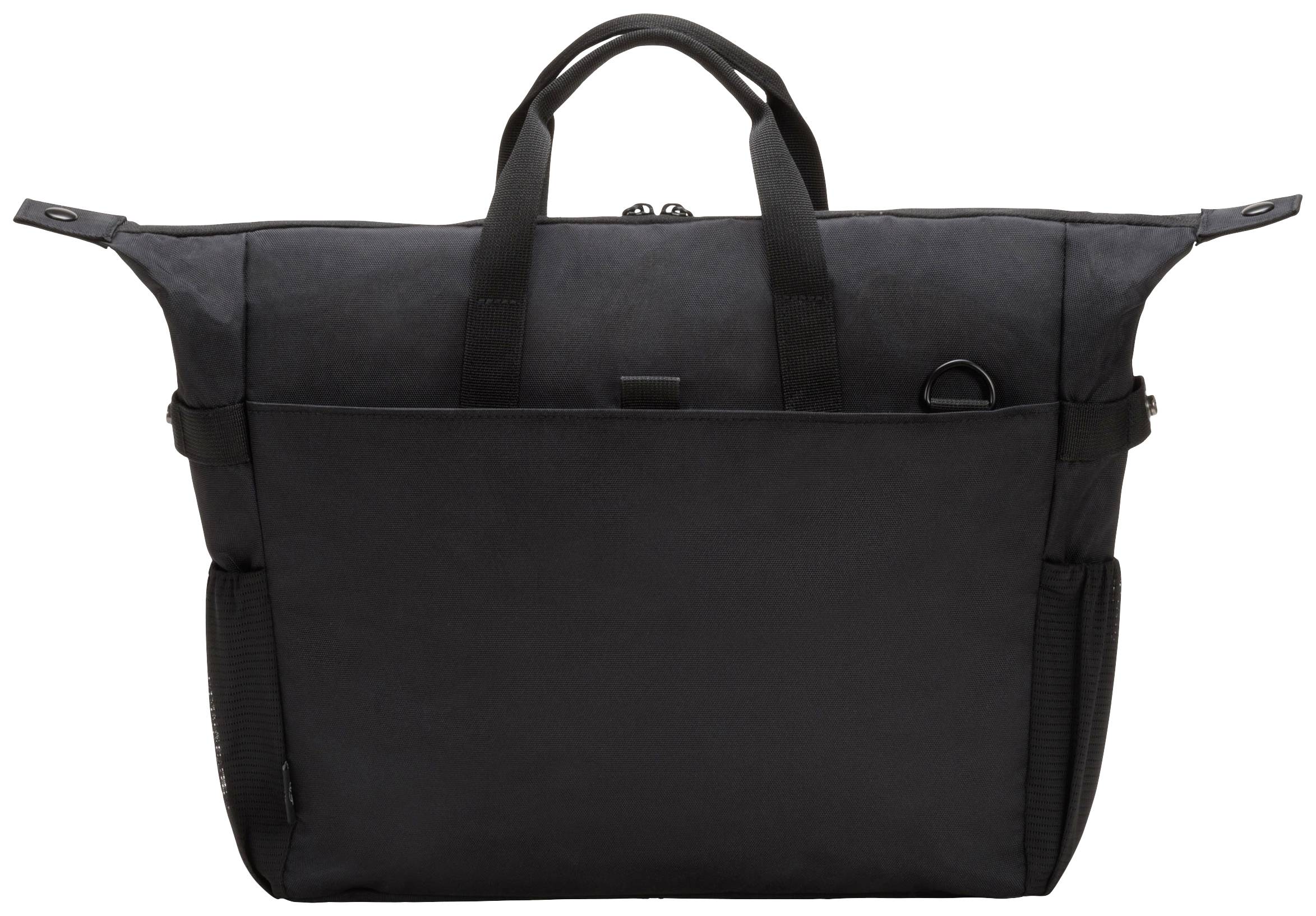 Czarna torba z dwoma uchwytami i kieszeniami bocznymi, odpowiednia do codziennego użytku lub podróży.