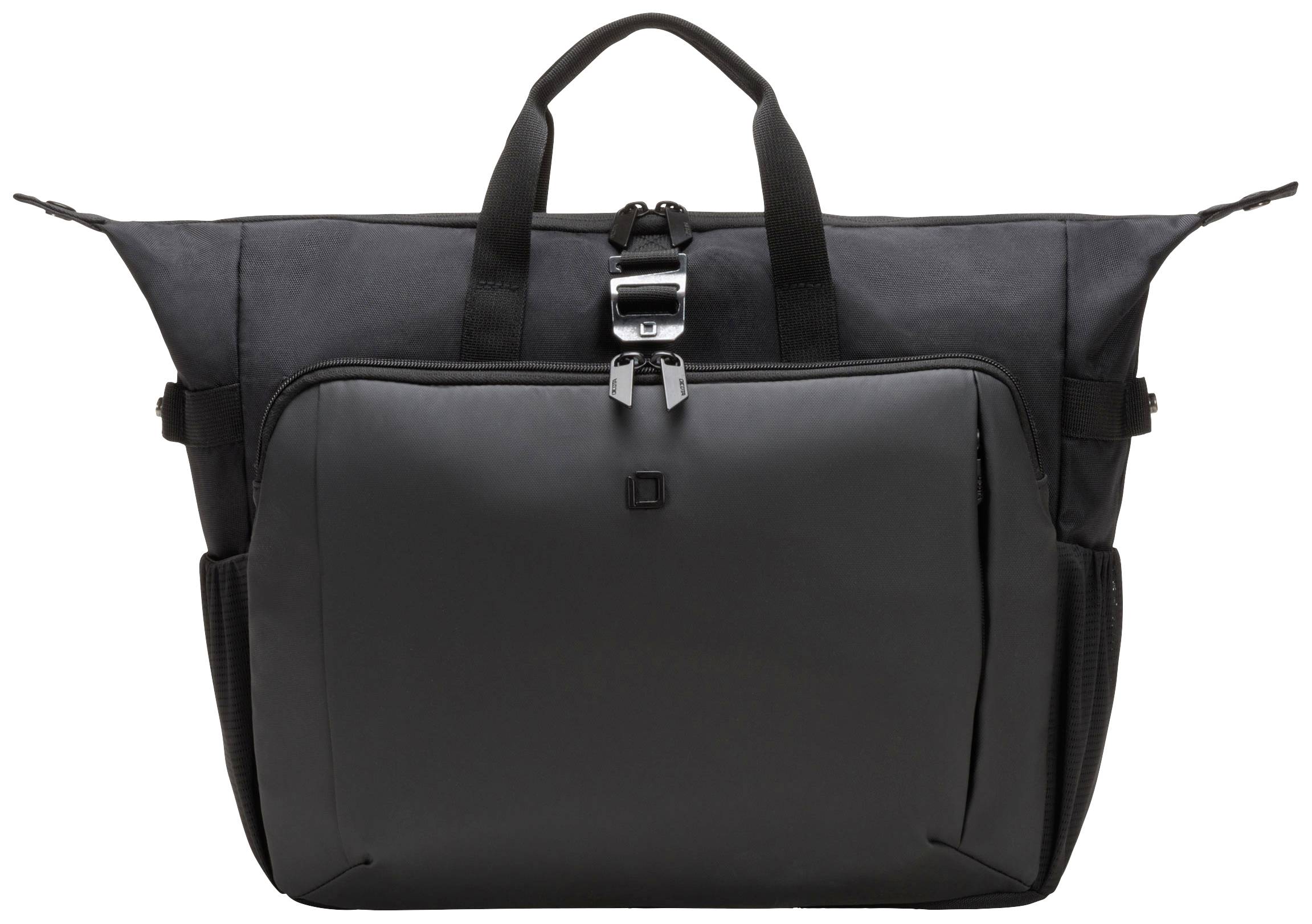 Czarna torba z zamkiem błyskawicznym, dwoma uchwytami i kieszenią z przodu. Nowoczesny, minimalistyczny design.