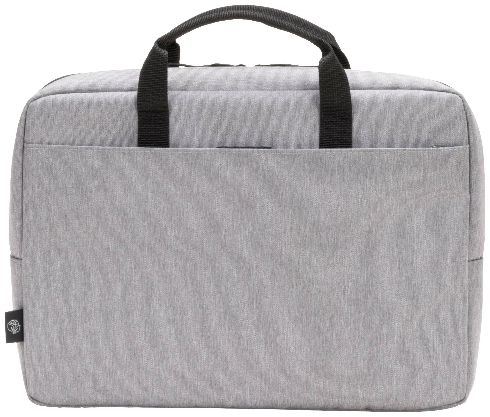 Szara torba na laptopa z dwoma czarnymi uchwytami, odpowiednia do podróży i przewożenia materiałów biznesowych.