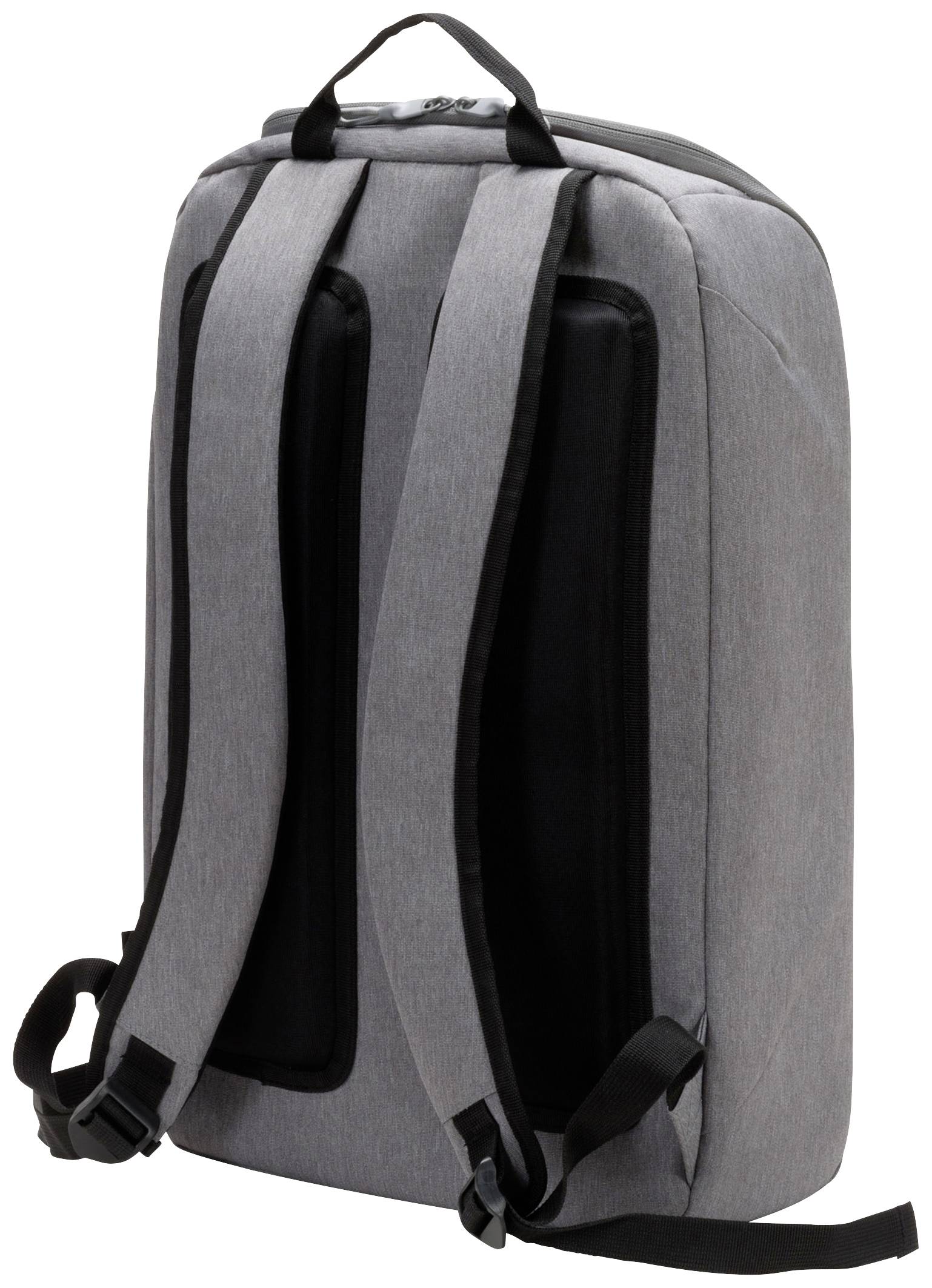 Szary plecak z dwoma wyściełanymi paskami na ramiona i małą rączką u góry.