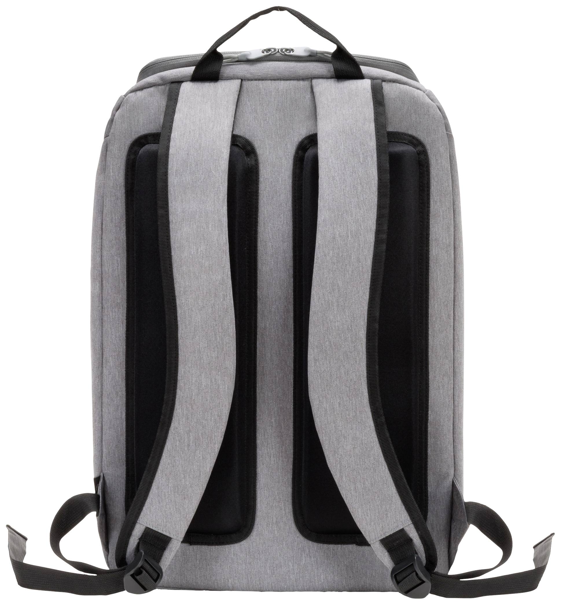 Szary plecak z czarnymi, wyściełanymi paskami i uchwytem. Widok z tyłu ukazuje prostokątny kształt oraz dwie wzmocnione poduszki na plecach.