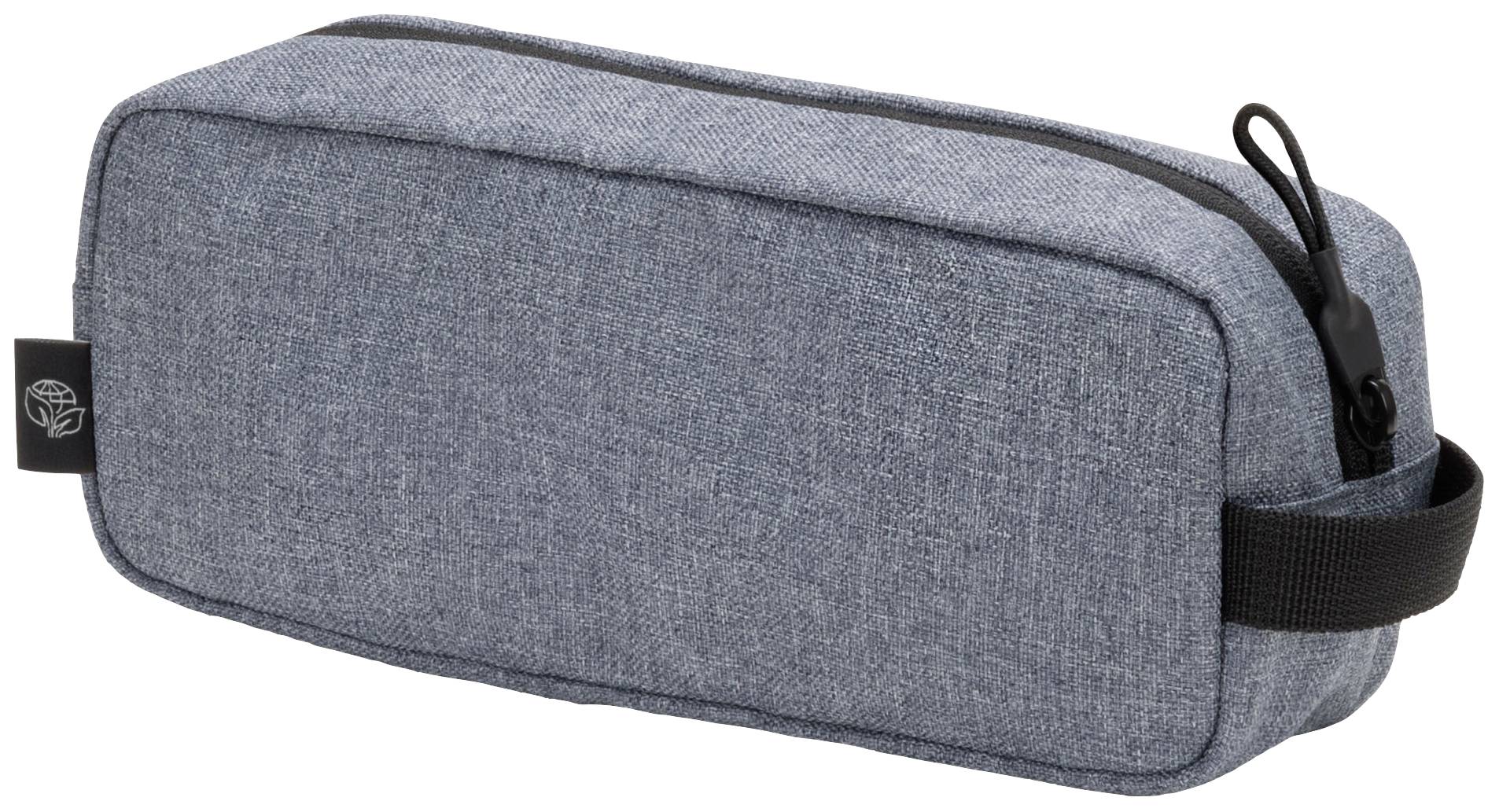 Prostokątna, szara torba materiałowa z zamkiem błyskawicznym i uchwytem z boku.