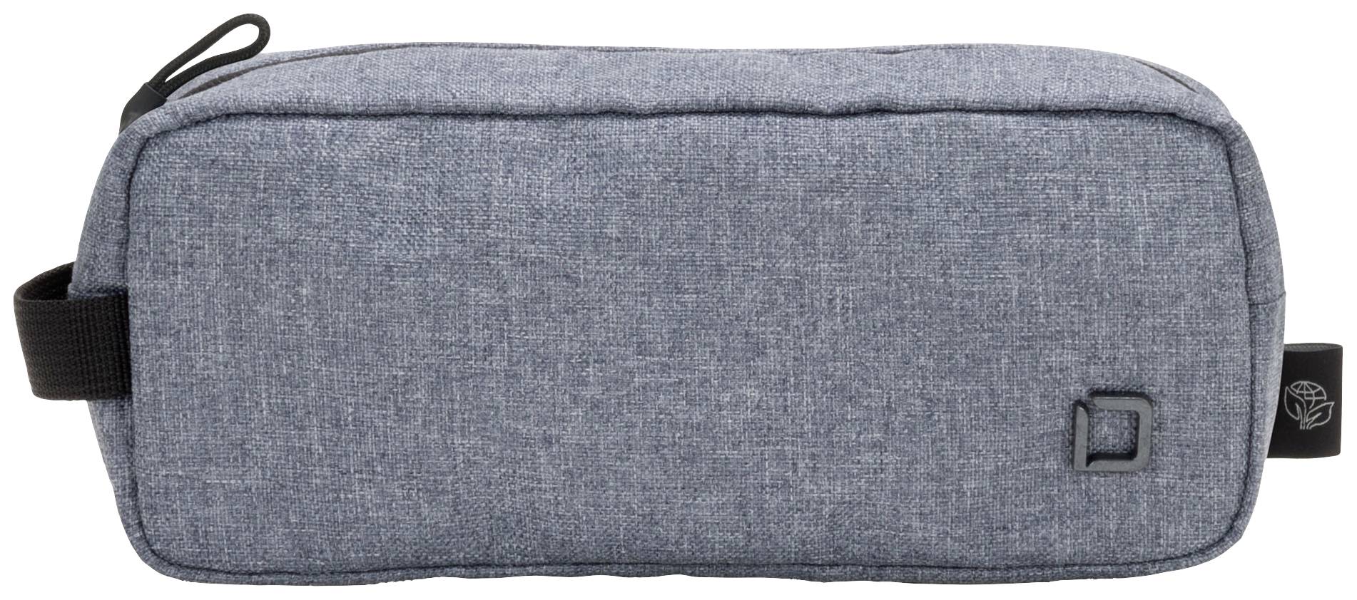 Szary piórnik w kształcie prostokąta z czarnym zamkiem błyskawicznym i logo-emblematem. Odpowiedni do przechowywania przyborów piśmienniczych.