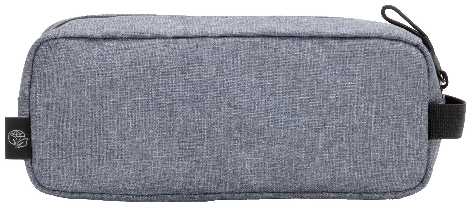 Szare, prostokątne etui z zamkiem błyskawicznym, pętlą do noszenia i dyskretną aplikacją z logo z boku. Idealne do przechowywania długopisów lub akcesoriów elektronicznych.