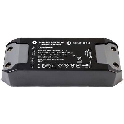 Sterownik LED z logo marki 'DEKOLIGHT', model D35020UF, wejście 220-240V~, wyjście 350mA. Odpowiedni do ściennych lamp LED z możliwością regulacji jasności.