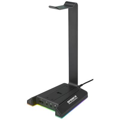 Stojak na słuchawki z czarnego metalu z podświetleniem RGB i złączem USB, przydatny do organizacji biurka i kompletowania zestawów gamingowych.