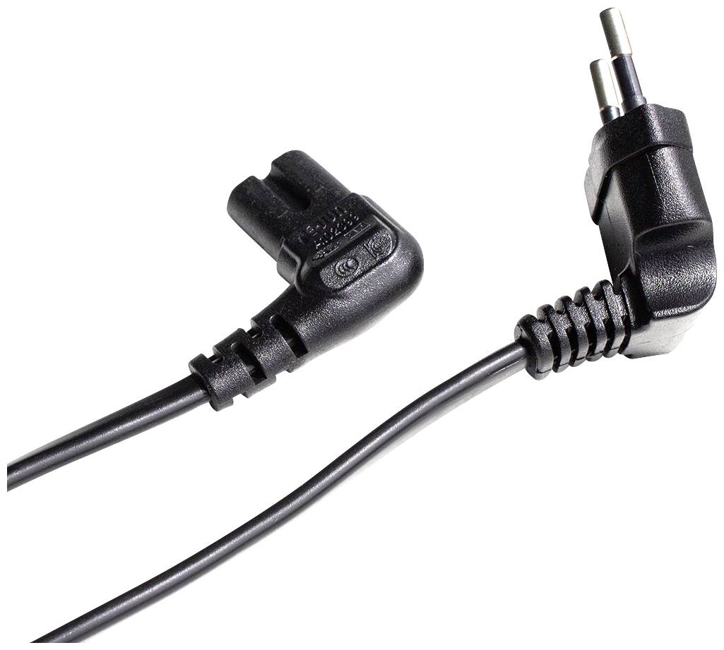 Czarny kabel sieciowy z wtyczką europejską i złączem kątowym, odpowiedni do urządzeń elektrycznych.