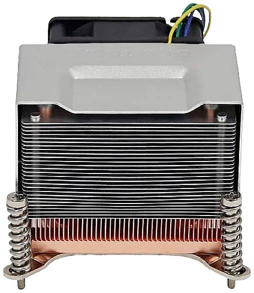 Radiator procesora komputerowego z podstawą miedzianą, żeberkami aluminiowymi i wentylatorem chłodzącym. Widoczne są przewody zasilające.