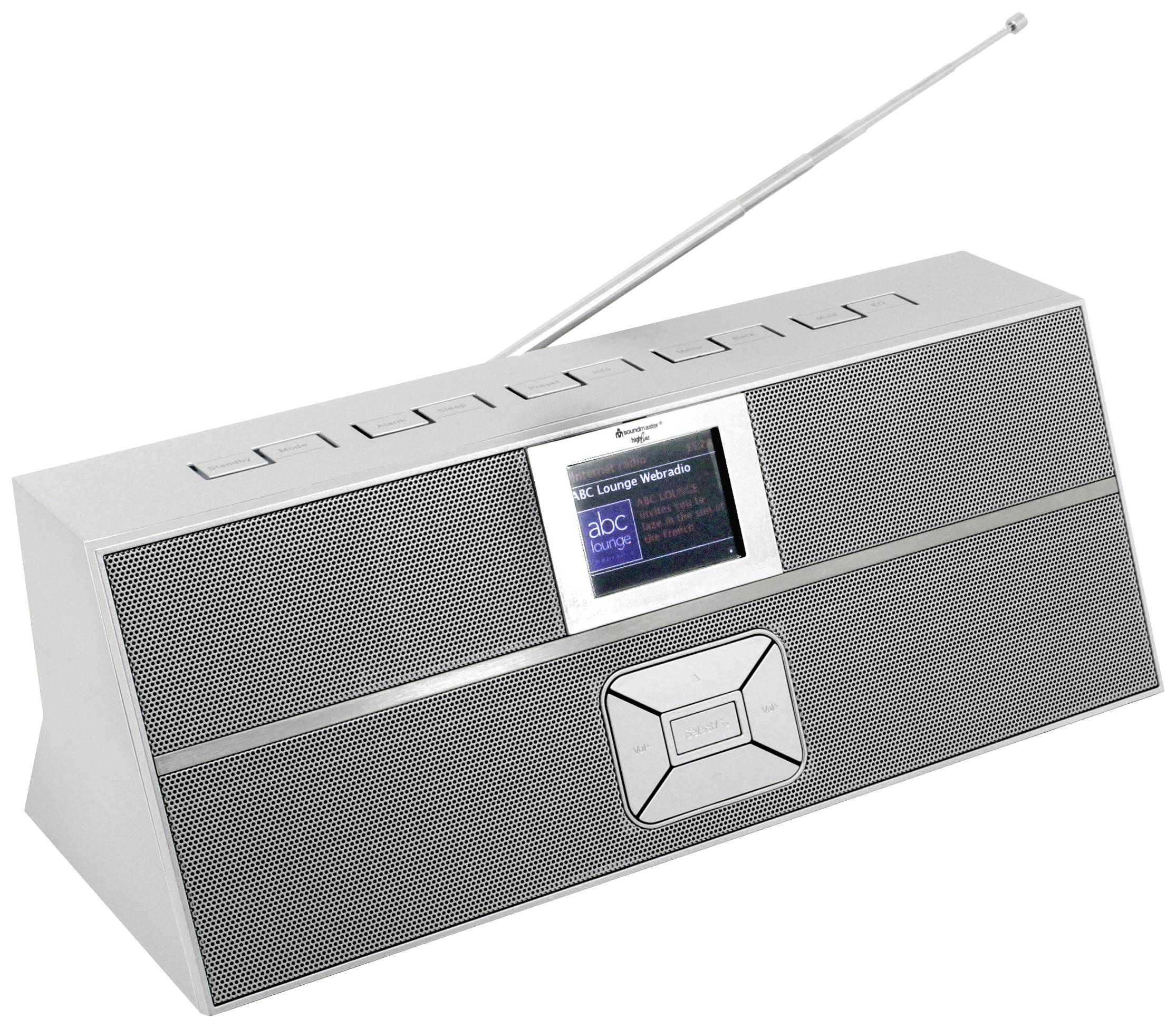Srebrne radio z wysuwaną anteną i wyświetlaczem cyfrowym pośrodku. Przyciski umieszczone są na górze, głośniki z przodu.