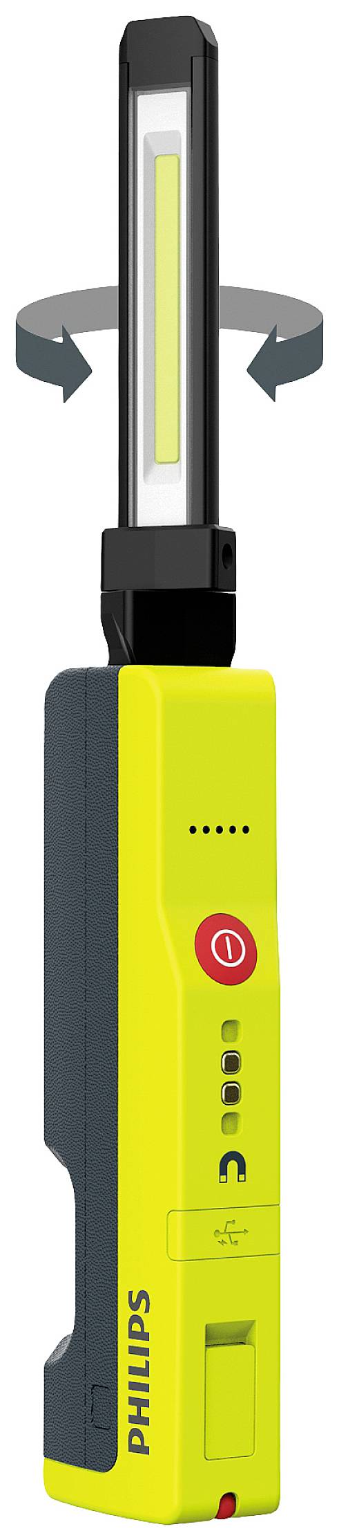 Przenośna, żółto-czarna lampa LED firmy Philips z regulowanym ramieniem oraz przyciskiem sterowania. Idealna do elastycznego oświetlenia.