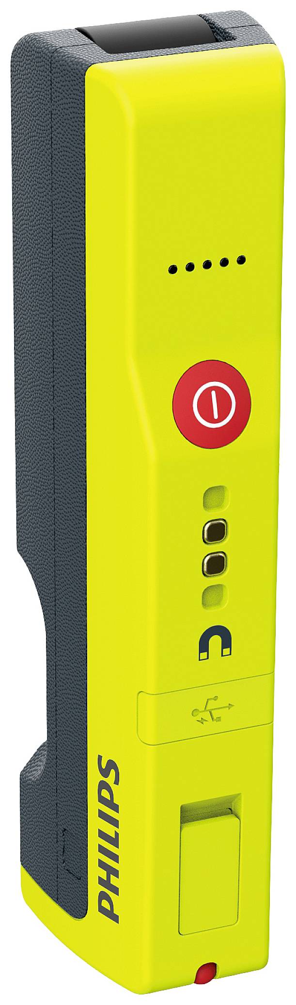 Żółte, przenośne urządzenie pomiarowe Philips z czerwonym przełącznikiem włączania/wyłączania, wskaźnikami świetlnymi i złączem USB z przodu.