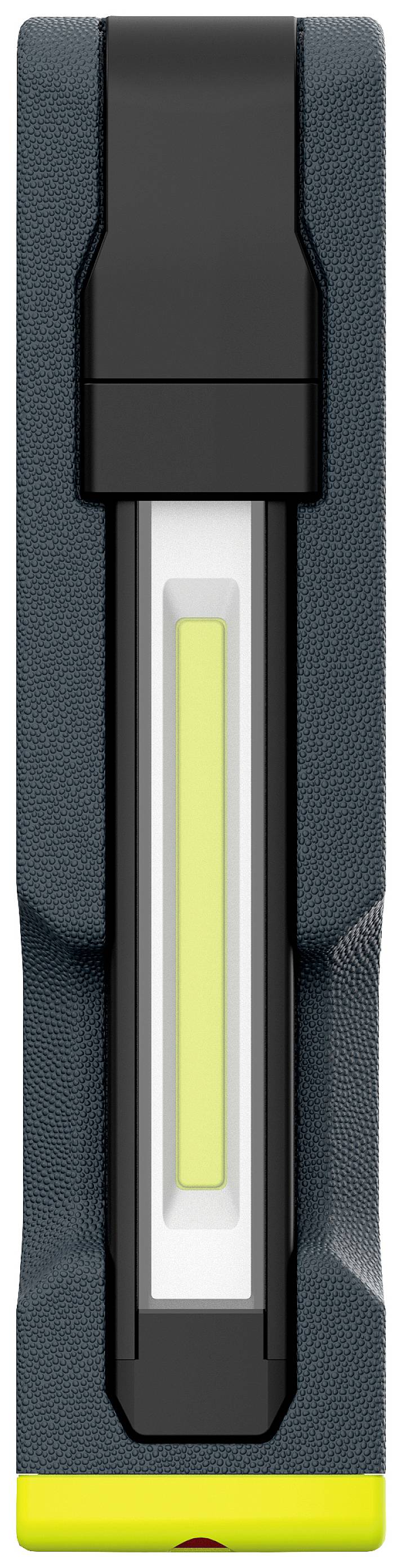 Przenośna lampa robocza LED w pionowej orientacji, czarna obudowa z żółtym paskiem świetlnym pośrodku.
