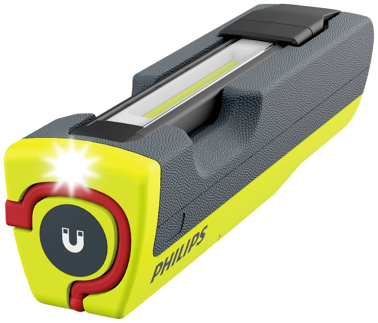 Ręczna lampa w neonowych kolorach z czerwonym magnetem i świecącą listwą LED, marki Philips.