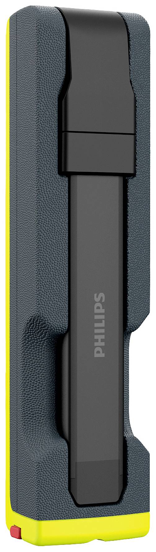 Poręczne, prostokątne, przenośne urządzenie firmy Philips w kolorach czarnym i żółtym, prawdopodobnie rodzaj ładowalnej lampy.