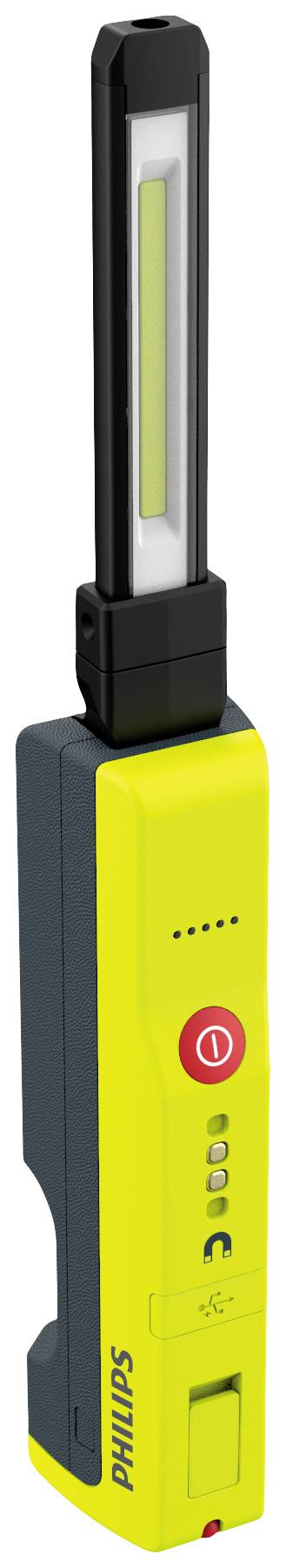 Żółta przenośna lampa robocza LED z czarną rączką i czerwonymi przyciskami firmy Philips, przeznaczona do użytku w warsztatach lub w podróży.