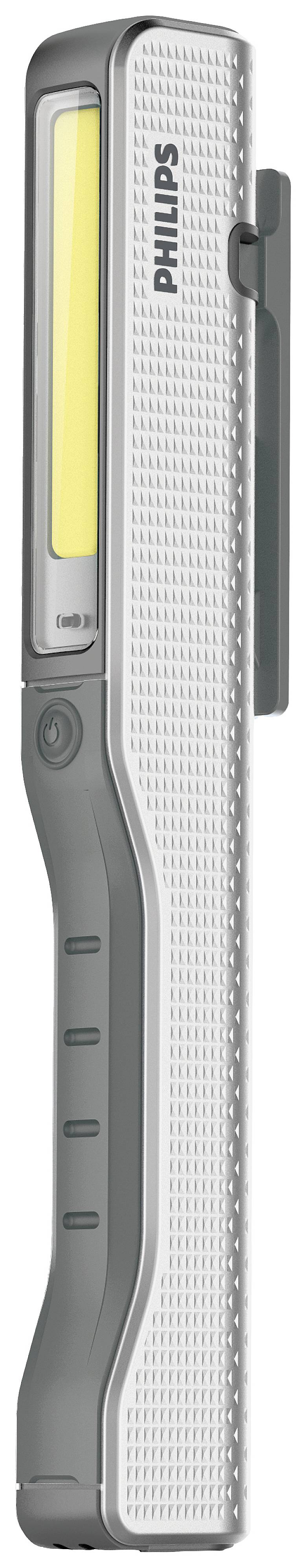 Poręczna lampa LED w kolorach białym i szarym z zintegrowanym haczykiem do zawieszenia i włącznikiem z boku. Widoczna nazwa marki 'Philips'.