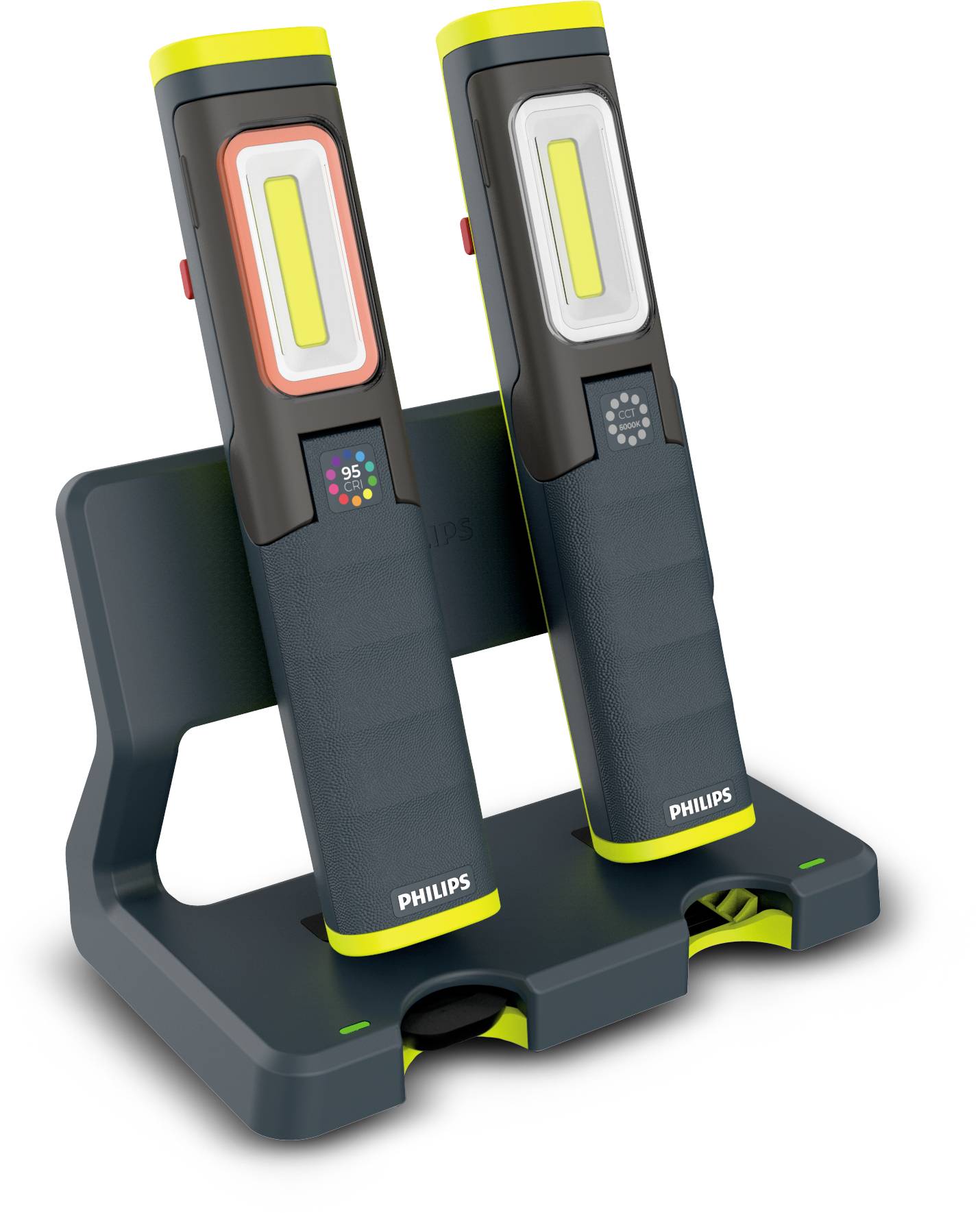 Dwie przenośne lampy robocze LED firmy Philips stoją w stacji ładującej. Są czarne z żółtymi akcentami i posiadają wyświetlacze.
