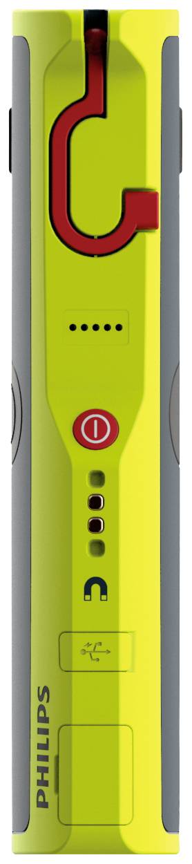 Żółte i szare przenośne urządzenie firmy Philips, prawdopodobnie narzędzie lub gadżet, z czerwonymi akcentami i kilkoma przyciskami do sterowania.