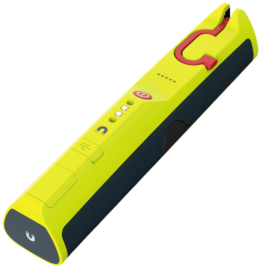 Żółto-czarne urządzenie elektroniczne z przyłączem USB i kilkoma przyciskami, prawdopodobnie narzędzie lub sprzęt techniczny.