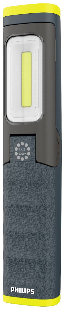 Przenośna lampa robocza LED firmy Philips w czarno-żółnej obudowie, idealna do prac rzemieślniczych lub działań na świeżym powietrzu.