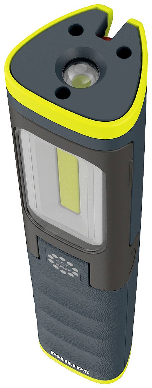 Przenośna lampa robocza LED w szarym obudowie z żółtymi akcentami, idealna do oświetlenia warsztatu, z jasną powierzchnią świecącą u góry.