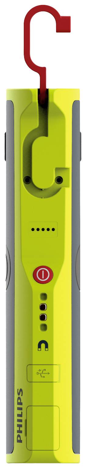 Zielona latarka Philips z haczykiem i wskaźnikiem ładowania. Z przodu posiada czerwony przełącznik włączania/wyłączania.