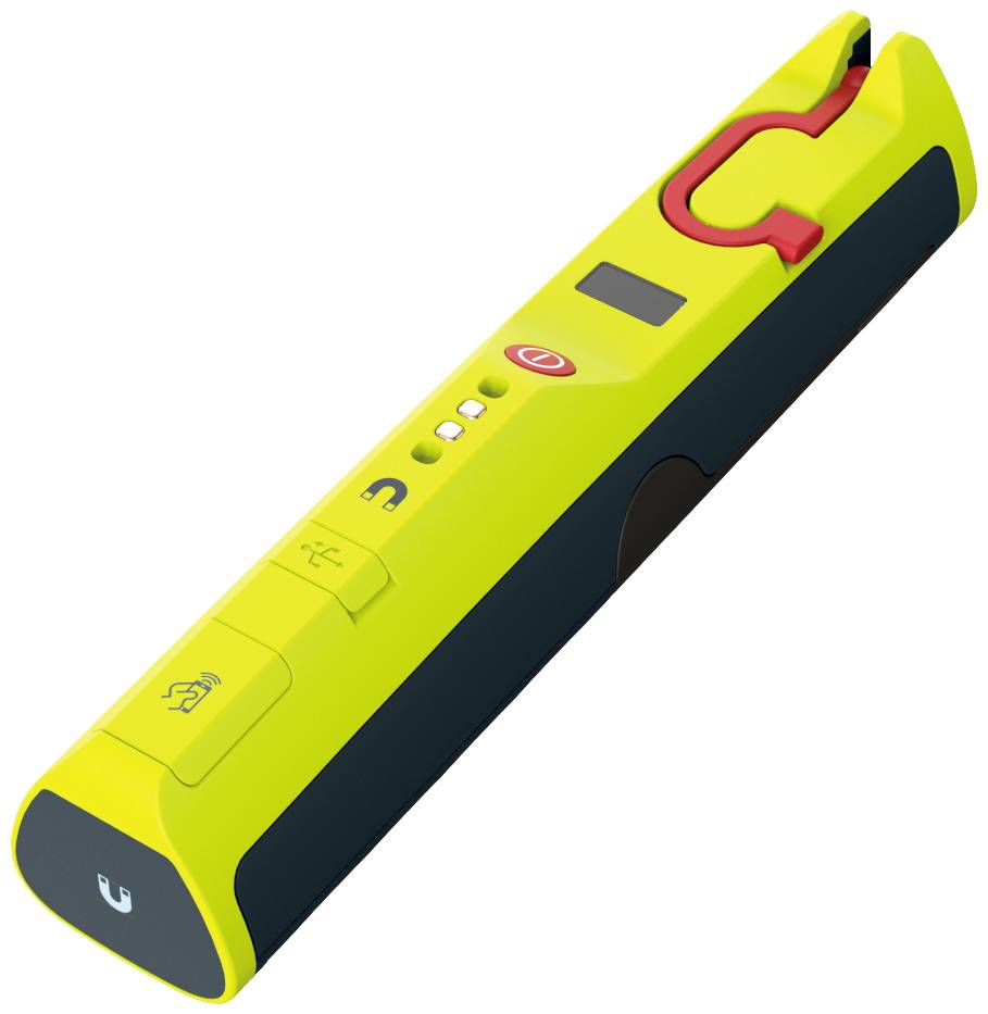 Żółte, elektroniczne urządzenie z portem USB i funkcjami zabezpieczającymi; prawdopodobnie służy do przesyłania danych lub ładowania.