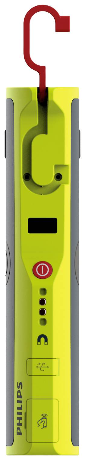 Żółta, przenośna lampa robocza Philips z czerwonym haczykiem. Posiada przycisk włączania/wyłączania i symbol USB, idealna do prac warsztatowych.