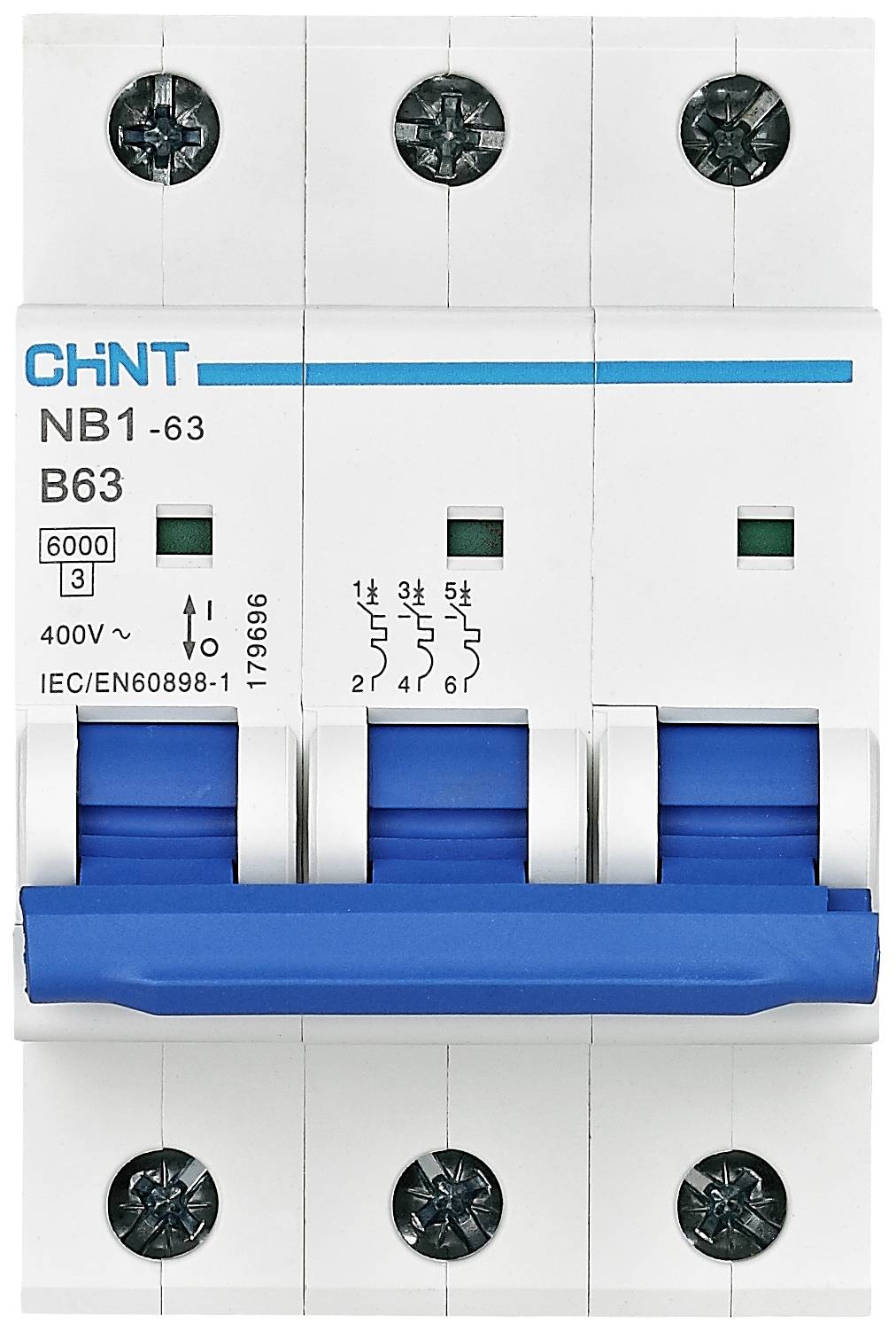 Автоматичний вимикач Chint 179695 NB1-63 3P B6 6kA DB, 3-контактний, 6 A, 240 В, 415 В