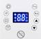 Wyświetlacz LCD w kolorze niebieskim pokazuje 8,8°C. Otoczony symbolami włączenia/wyłączenia, Prog, trybu, timera oraz strzałek.