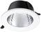 Okrągły, biały downlight LED z refleksyjnym wnętrzem i czarnym tylnym panelem, przeznaczony do montażu sufitowego.