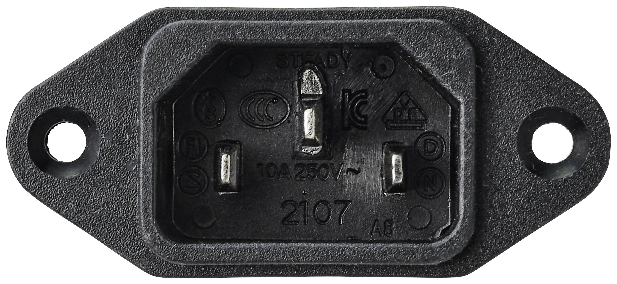 Wtyczka IEC 60320 C14 do zabudowy, widok z przodu, ukazujący styki przyłączeniowe i otwory mocujące, typowo stosowana w zasilaczach.