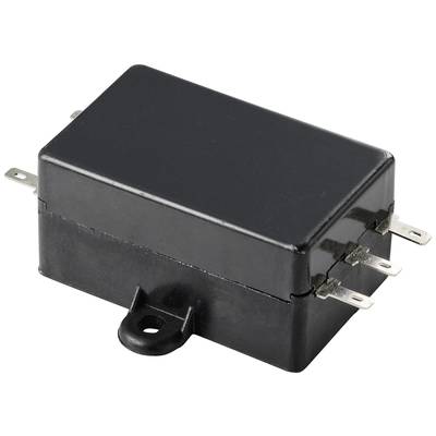 Prostokątne, czarne przekaźniki z pięcioma metalowymi stykami po bokach, stosowane w obwodach elektronicznych do sterowania przepływem prądu.