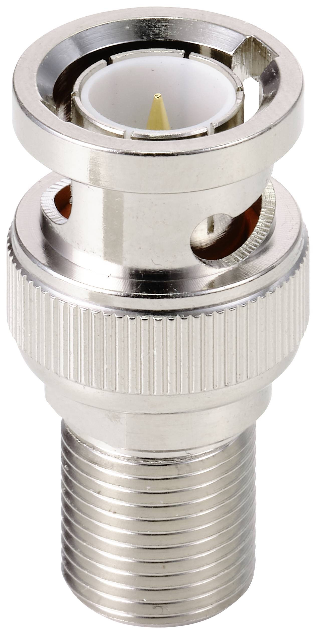 Złącze BNC z żłobkowaną, metalową rękojeścią i izolowanym stykiem środkowym. Stosowane do połączeń przewodów koncentrycznych.