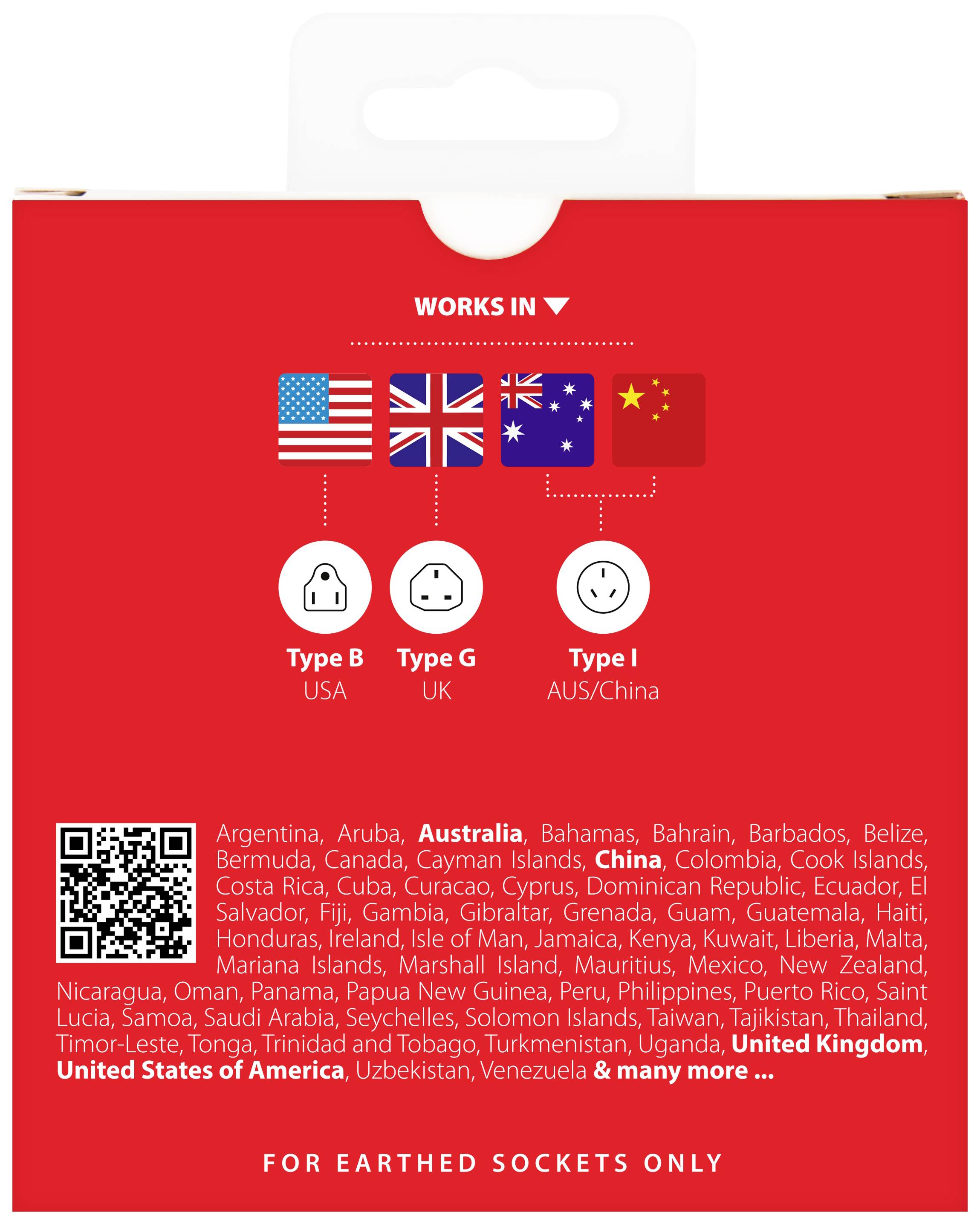 Typy adapterów wtykowych: typ B (USA, JP), typ G (UK), typ I (AUS, Chiny). Kompatybilne z krajami takimi jak Argentyna, Australia, Bahamy.
